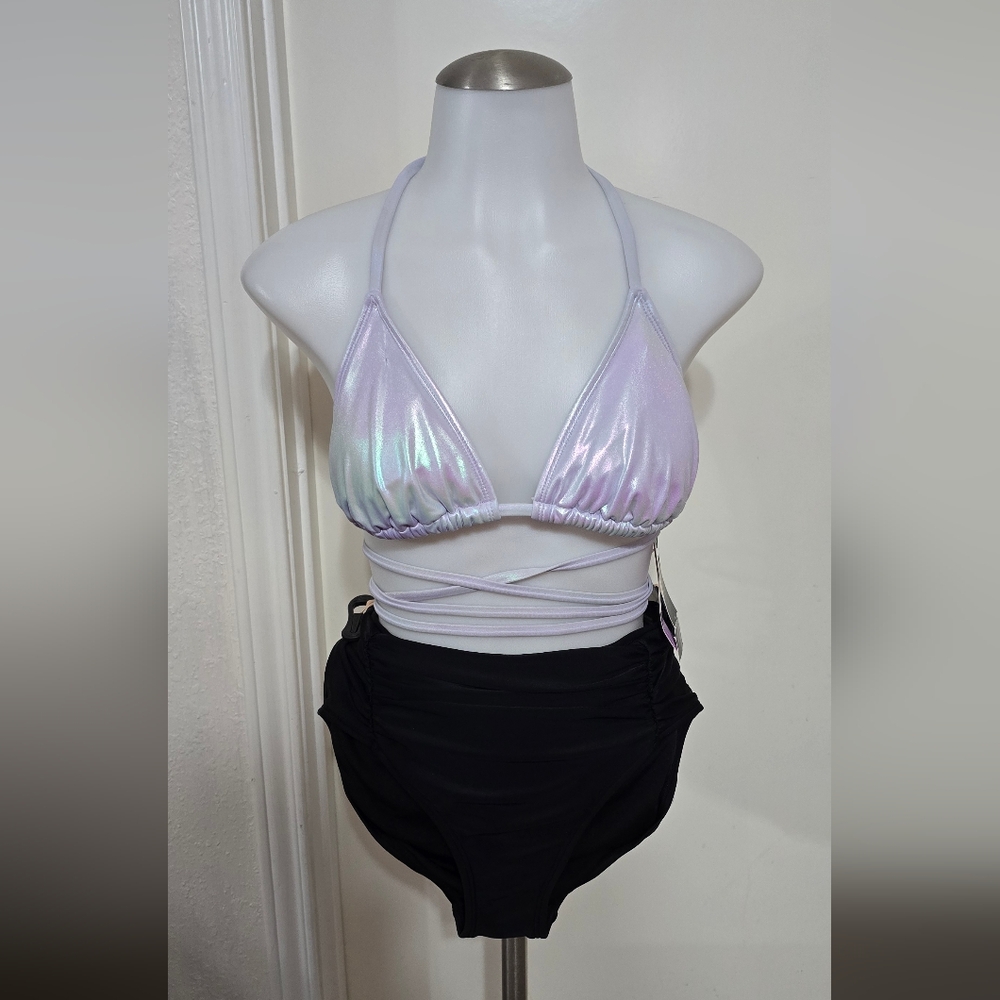 #6724 Iridescent Bikini Top and Black High-Waisted Bottoms